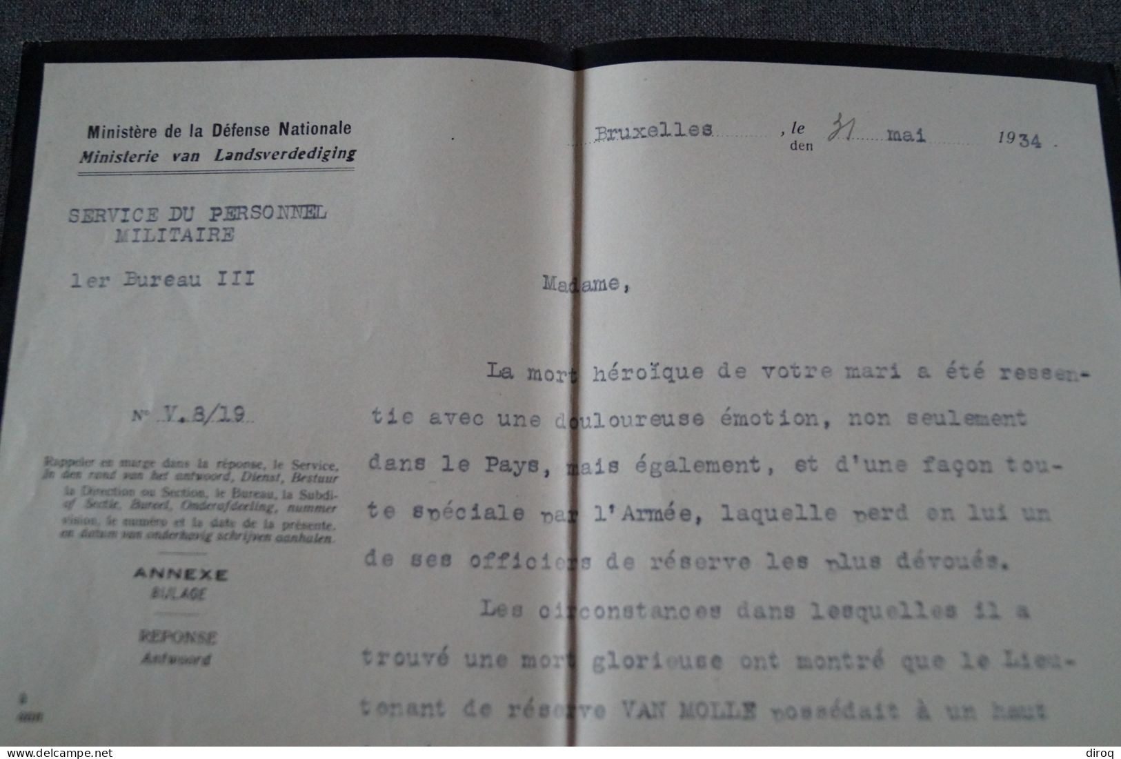 Service Du Personnel Militaire 1934,ancien Document Pour Collection - Historische Dokumente