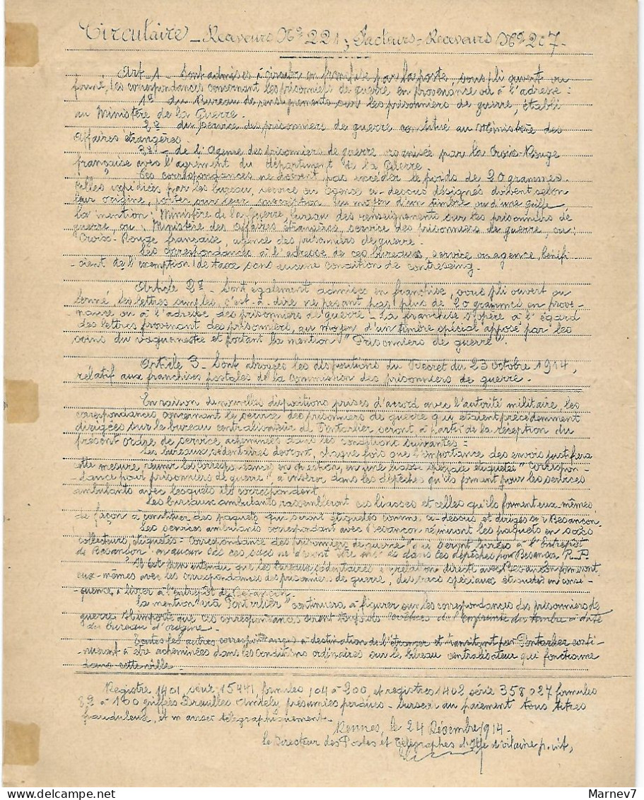 Postes Circulaire 24 Décembre 1914 Receveurs N° 221 & Facteurs N° 207 - Franchise Militaire  Correspondance Prisonniers - Brieven En Documenten