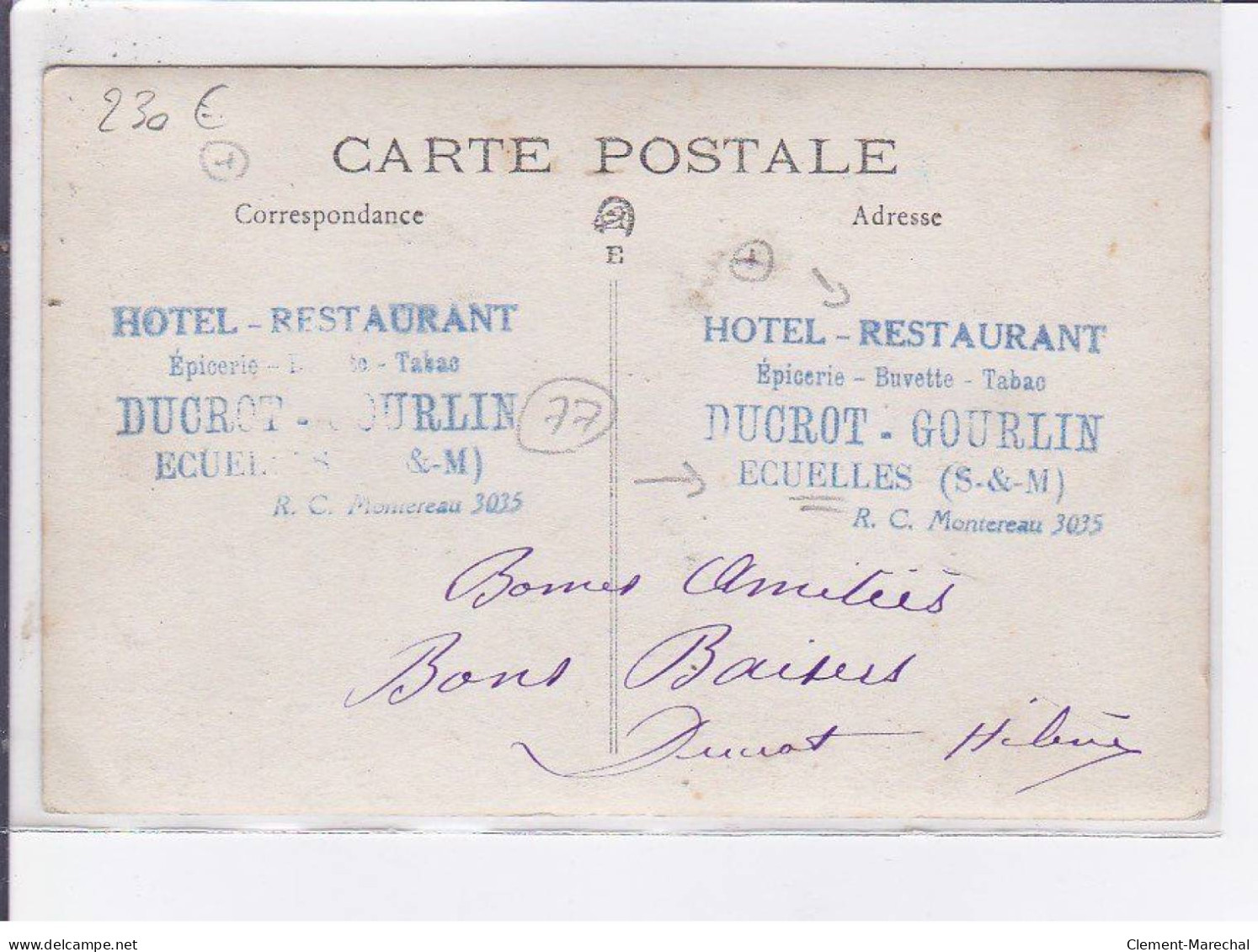 ECUELLES: Hôtel-restaurant, épicerie Buvette Tabac Ducrot - Très Bon état - Autres & Non Classés