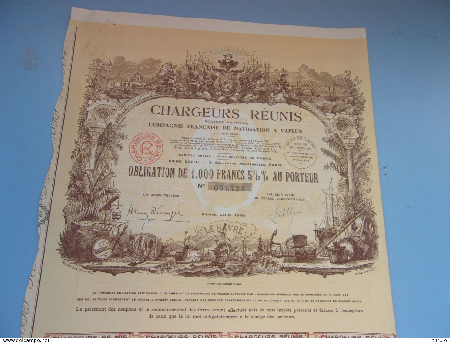 CHARGEURS REUNIS Compagnie De Navigation A Vapeur (1939) - Autres & Non Classés