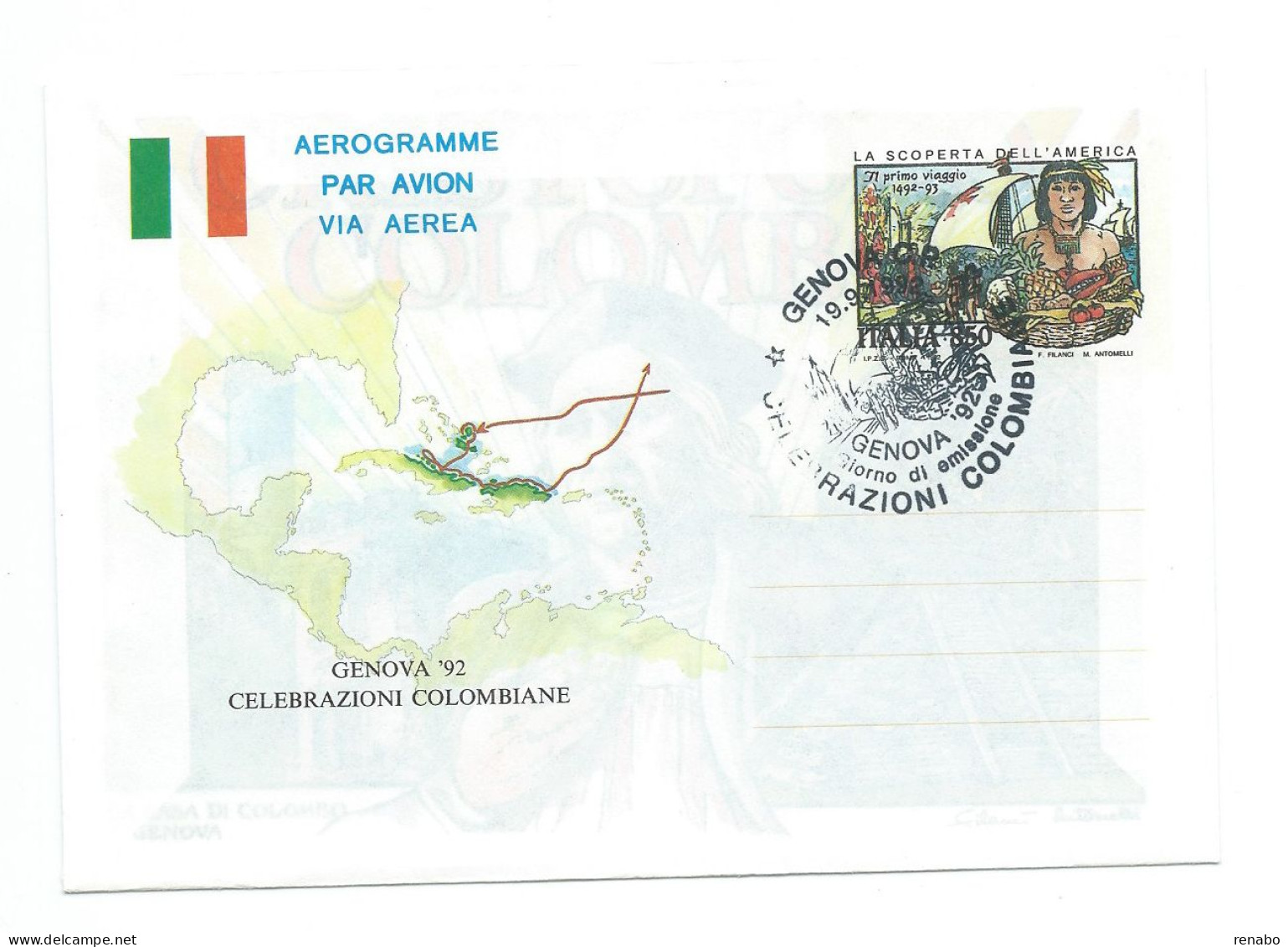 Italia 1992, Aerogramme ; FDC ; Celebrazioni Colombiane ; Annullo Della Manifestazione " Genova '92 "non Viaggiato - Poste Aérienne