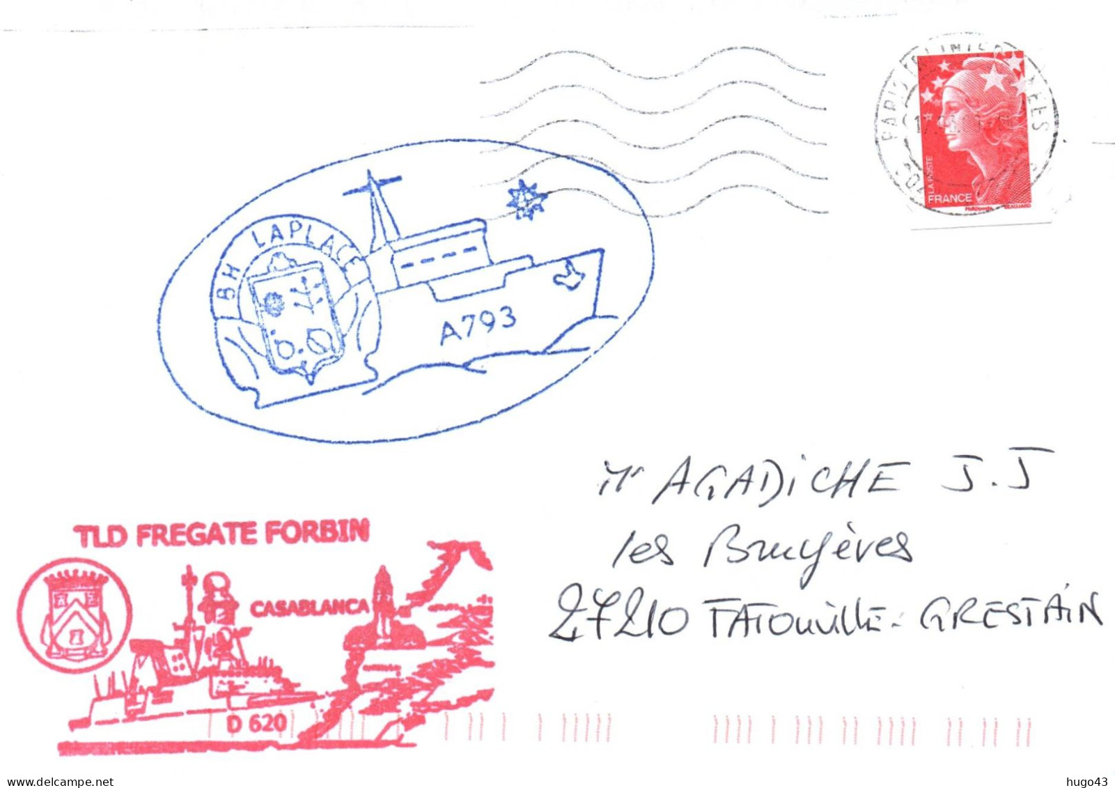 ENVELOPPE AVEC CACHET FREGATE FORBIN  & BH LA PLACE - TRAVERSEE LONGUE DUREE - ESCALE A CASABLANCA - Correo Naval