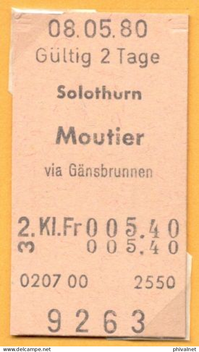 08/05/80 SOLOTHURN - MOUTIER VIA GÄNSBRUNNEN , TICKET DE FERROCARRIL , TREN , TRAIN , RAILWAYS - Europa
