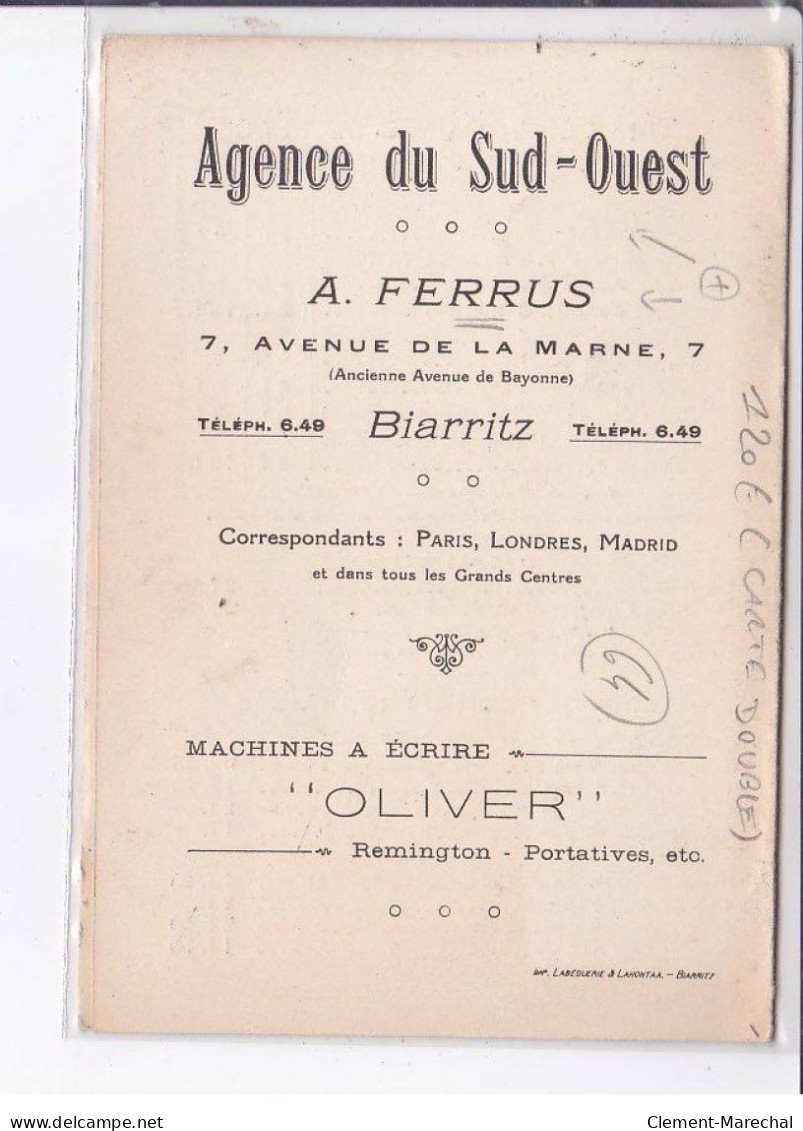 BIARRITZ: Agence Du Sud-ouest, A. Ferrus, 7 Avenue De La Marne, Carte Double - Très Bon état - Biarritz