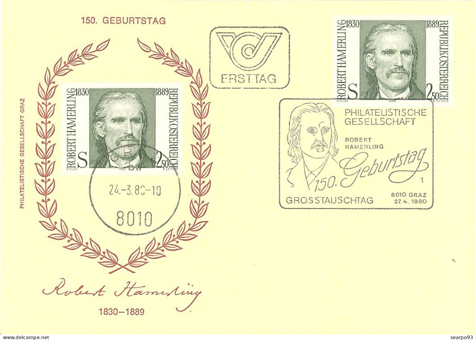 AUSTRIA. FDC. POET ROBERT HAMERLING. 1980 - FDC