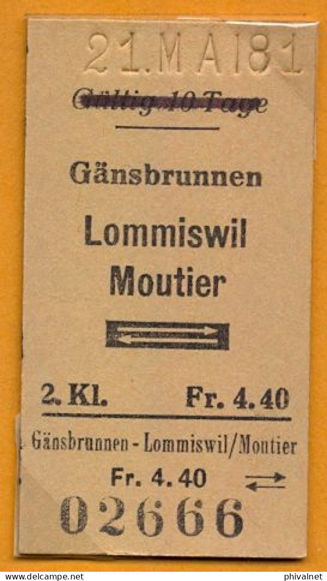 21/05/81 GÄNSBRUNNEN - LOMMISWIL , MOUTIER , TICKET DE FERROCARRIL , TREN , TRAIN , RAILWAYS - Europe