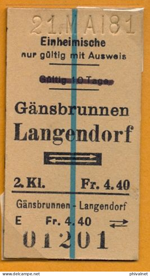 21/05/81 GÄNSBRUNNEN - LANGENDORF , TICKET DE FERROCARRIL , TREN , TRAIN , RAILWAYS - Europe