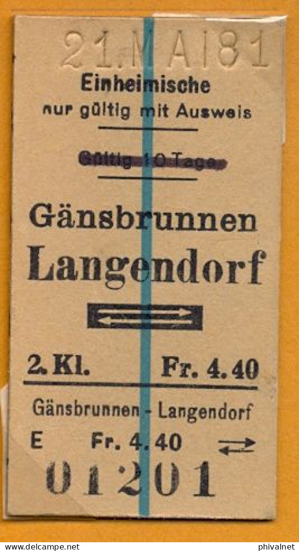 21/05/81 GÄNSBRUNNEN - LANGENDORF , TICKET DE FERROCARRIL , TREN , TRAIN , RAILWAYS - Europa