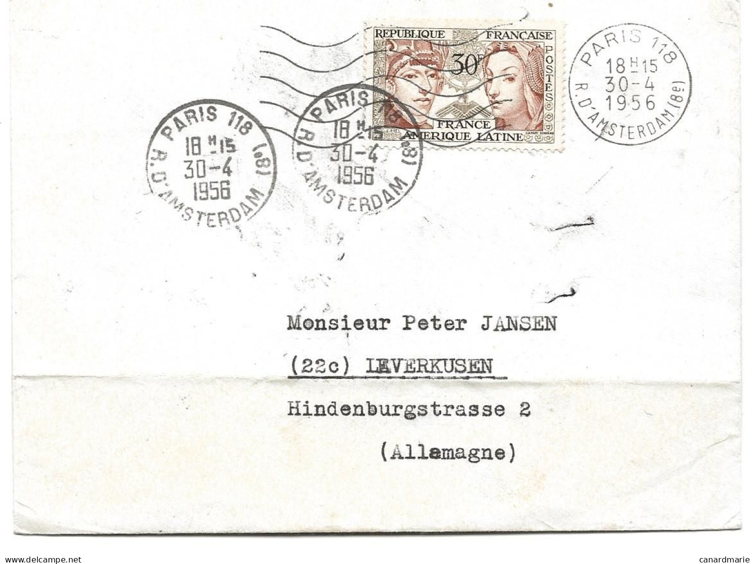 LETTRE 1956  POUR L'ALLEMAGNE AVEC TIMBRE A 30 FR FRANCE AMERIQUE LATINE SEUL SUR LETTRE - 1921-1960: Modern Period