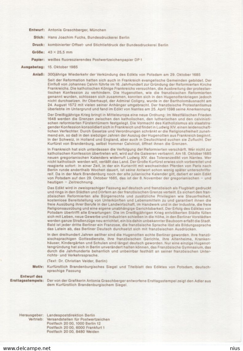 Germany Deutschland 1985-10 300 Jahre Edict, Edikt Von Potsdam, Canceled In Berlin - 1981-1990