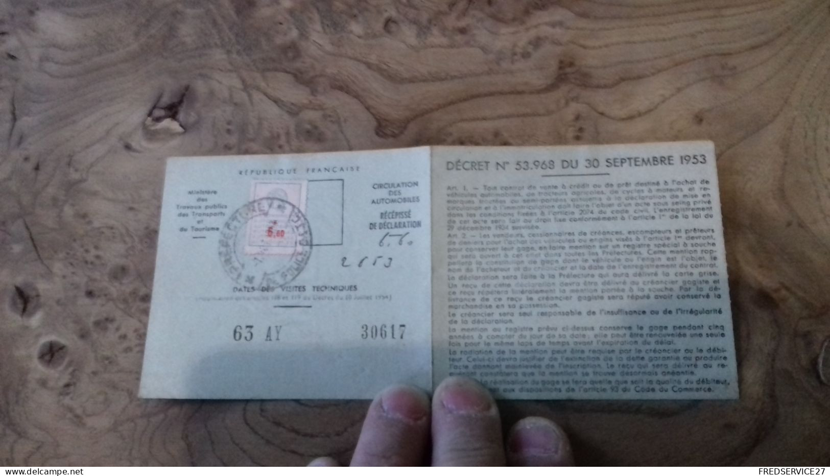 236/ RECEPISSE DE DECLARATION DE MISE EN CIRCULATION DE VEHICULE A MOTEUR SCOOTER  VESPA 1963 - Mitgliedskarten