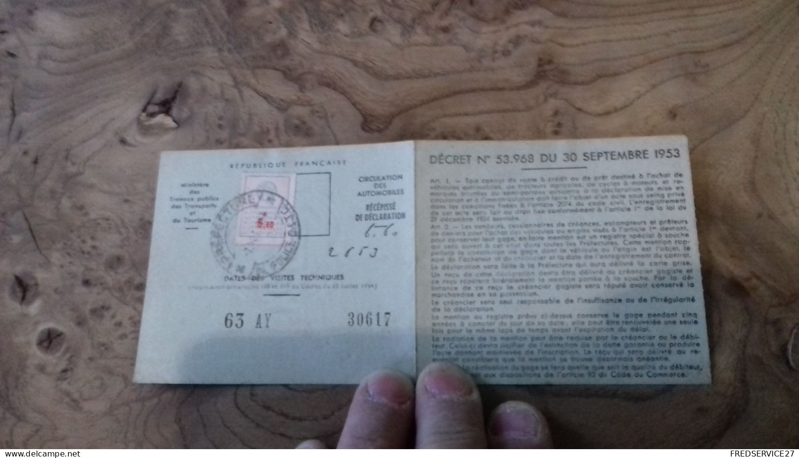 236/ RECEPISSE DE DECLARATION DE MISE EN CIRCULATION DE VEHICULE A MOTEUR SCOOTER  VESPA 1963 - Tarjetas De Membresía