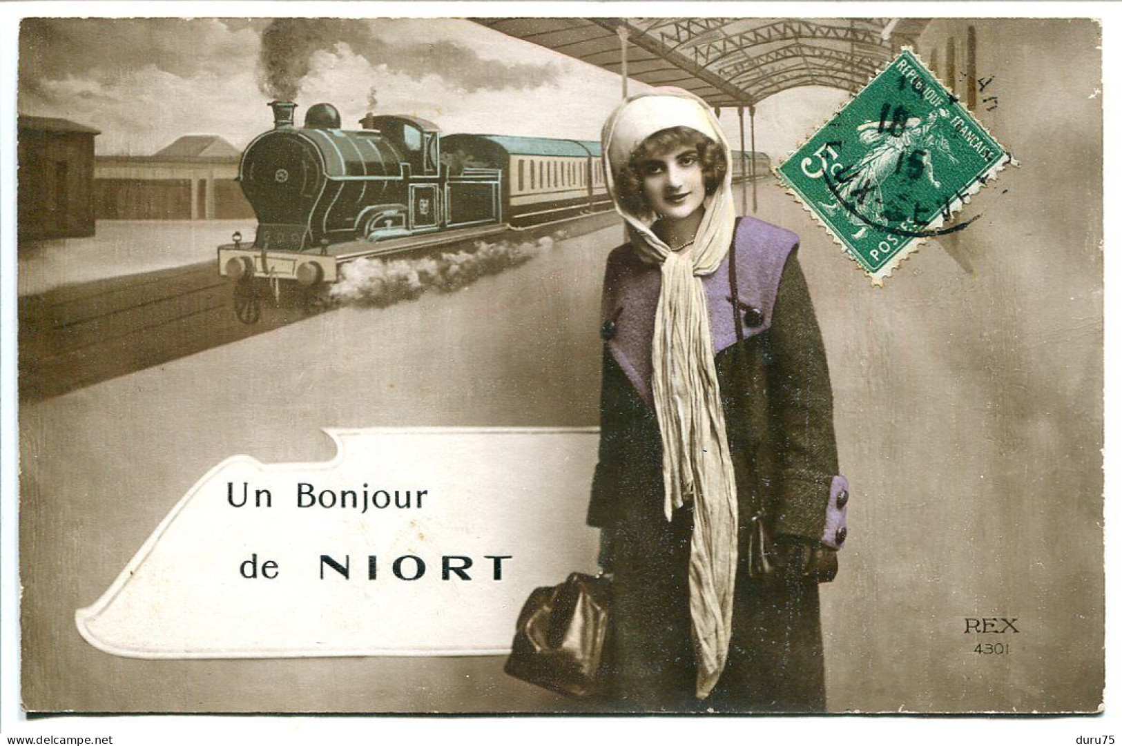 CPA Couleur Voyagé 1915 * Un Bonjour De NIORT * Jeune Femme 1er Plan Voyageuse Train Locomotive Vapeur - Niort
