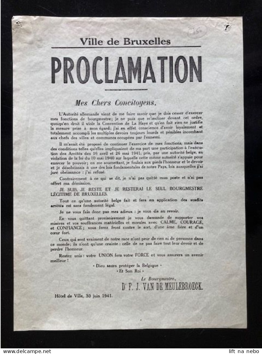 Tract Presse Clandestine Résistance Belge WWII WW2 'Ville De Bruxelles Proclamation' - Documenten