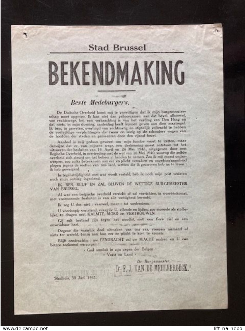 Tract Presse Clandestine Résistance Belge WWII WW2 'Ville De Bruxelles Proclamation' - Documentos