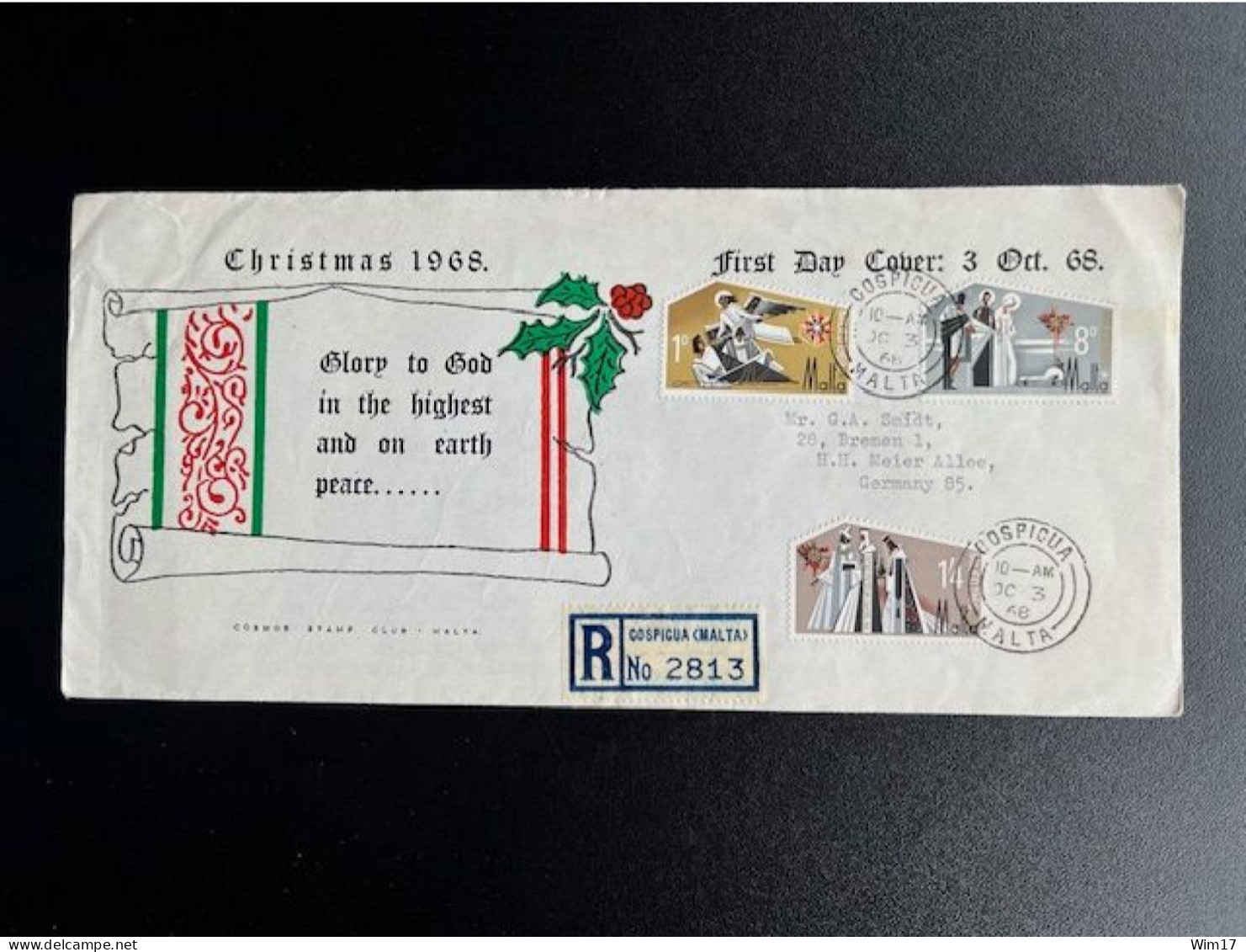 MALTA 1968 REGISTERED FDC CHRISTMAS SEND FROM COSPICUA TO BREMEN 03-10-1968 - Malta