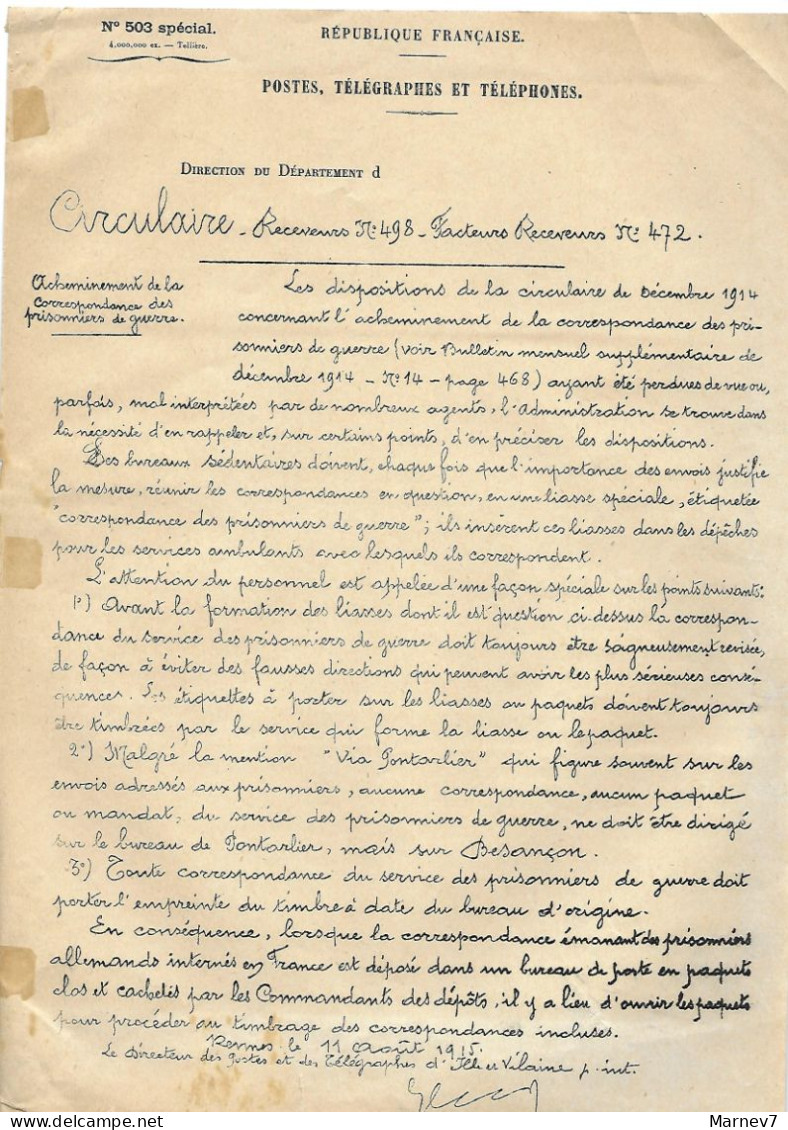 Postes 503 Circulaire 11 Août 1915 Receveurs N°498 Facteurs N° 472 Correspondance Prisonniers Guerre Pontarlier Besançon - Lettres & Documents