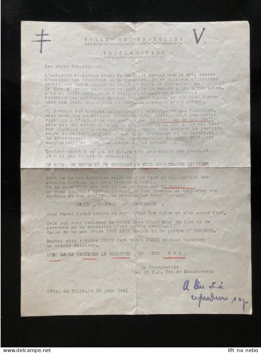 Tract Presse Clandestine Résistance Belge WWII WW2 'Ville De Bruxelles / Proclamation' - Documentos