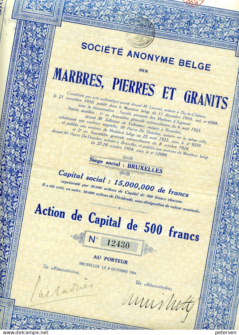 Belge Des MARBRES, PIERRES Et GRANITS; Action De Capital - Miniere