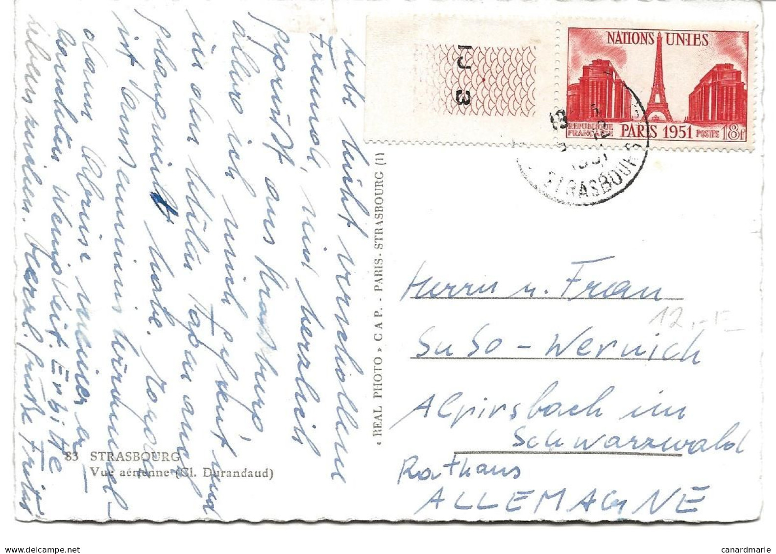 CARTE POSTALE 1951  POUR L'ALLEMAGNE AVEC TIMBRE A 18 FR NATIONS UNIES - 1921-1960: Modern Period