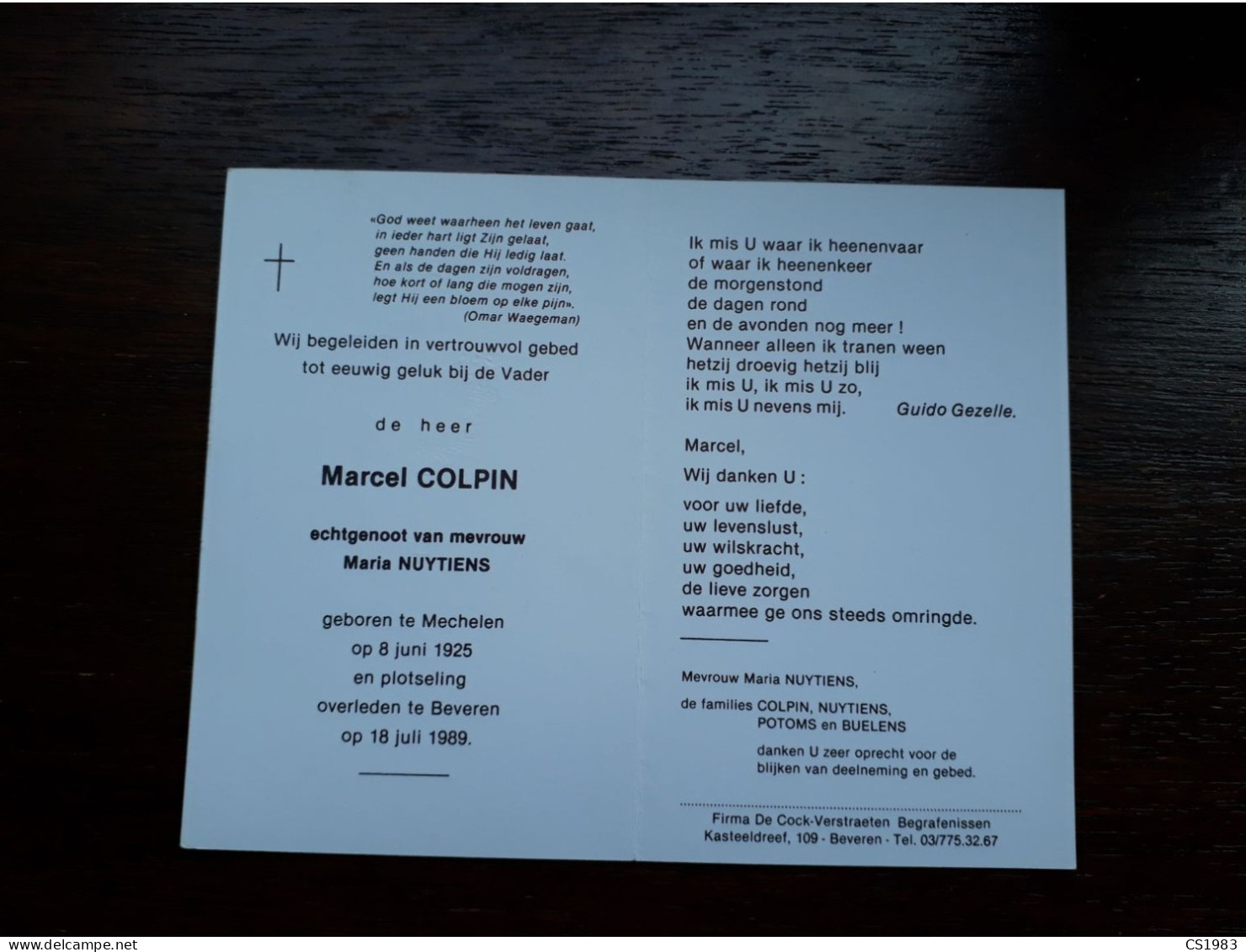 Marcel Colpin ° Mechelen 1925 + Beveren 1989 X Maria Nuytiens (Fam: Potoms - Buelens) - Obituary Notices