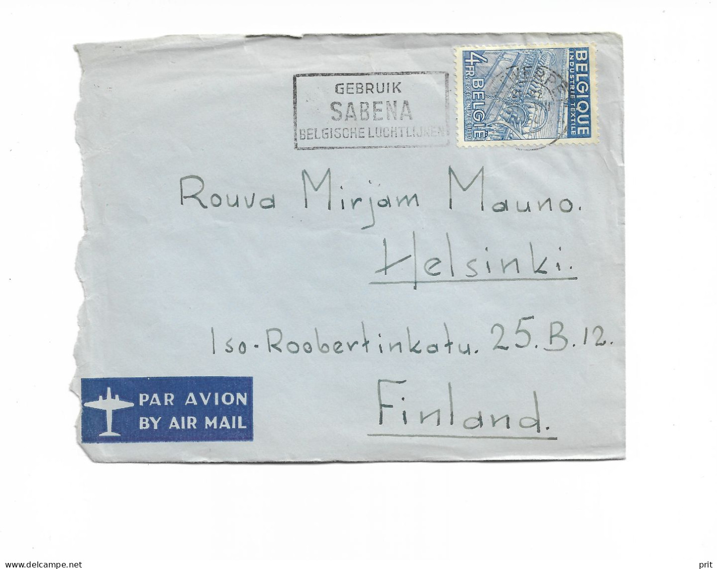 Antwerpen Belgium Airmail Cover To Helsinki Finland 1950 "Gebruik Sabena Belgische Luchtlijnen" Slogan Cancel - Covers & Documents