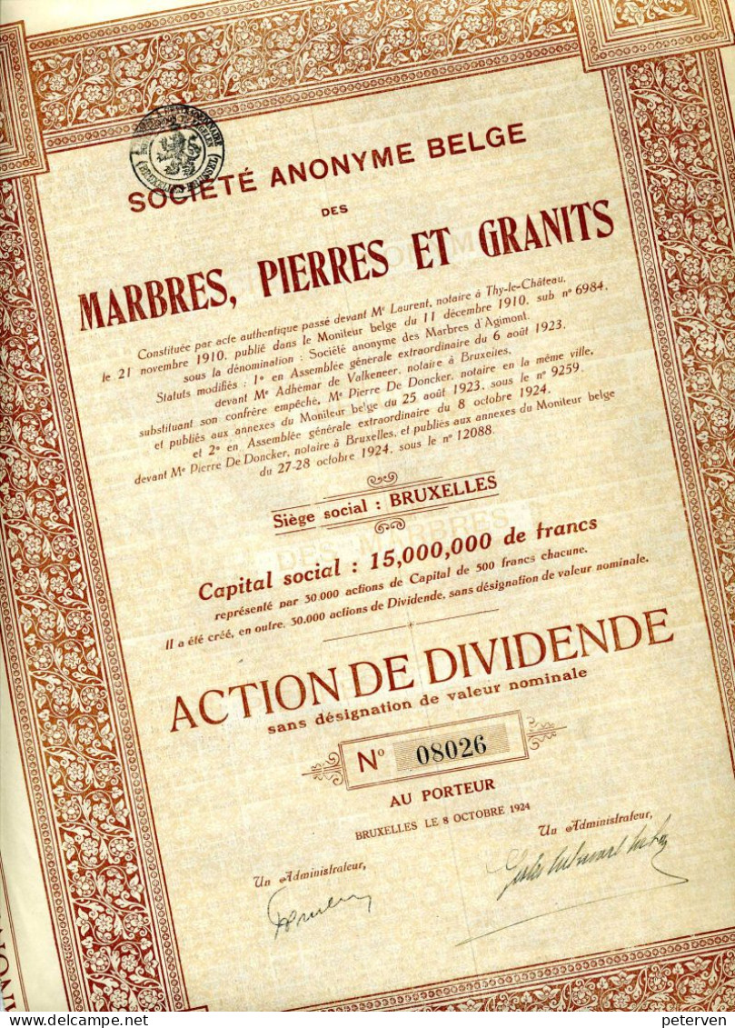 Belge Des MARBRES, PIERRES Et GRANITS; Action De Dividende - Mineral