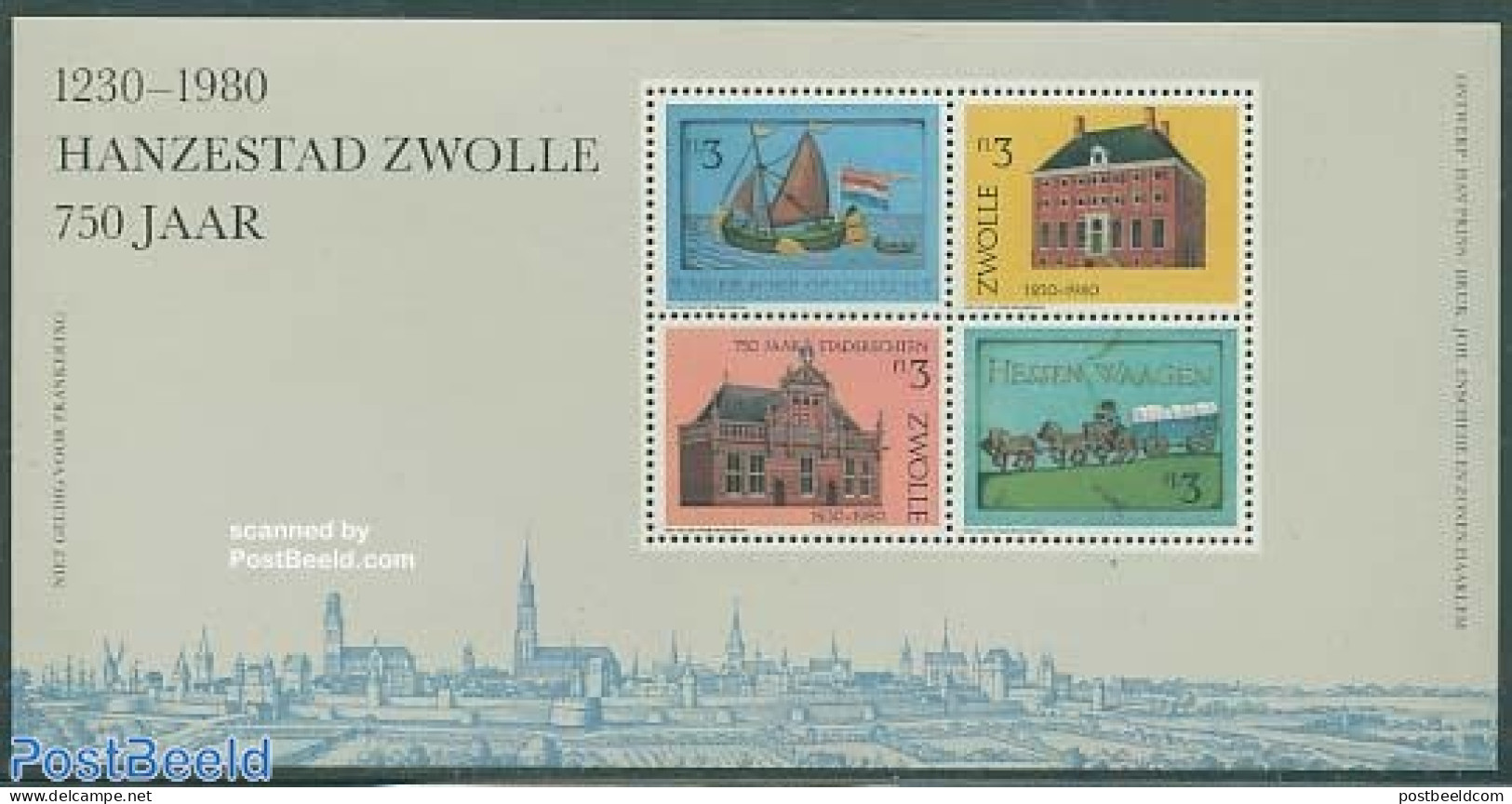 Netherlands, Memorial Stamps 1980 750 Years Zwolle S/s, Mint NH, Nature - Transport - Horses - Ships And Boats - Schiffe
