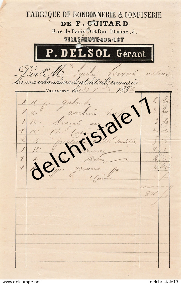 47 0280 VILLENEUVE SUT LOT 1882 Fabrique Bonbonnerie & Confiserie F. GUITARD Gérant P. DELSOL Rue De Paris à FRAYSSE - Alimentos