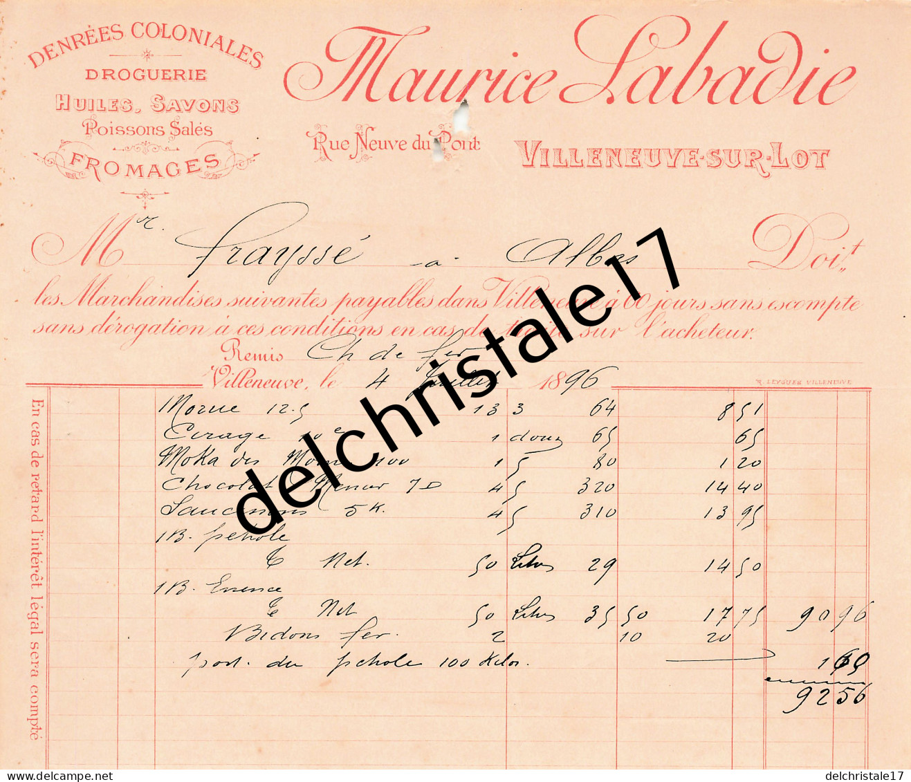 47 0282 VILLENEUVE SUT LOT 1896 Droguerie Denrées Coloniales Maurice LABADIE Rue Neuve Neuve Du Pont à FRAYSSE - Textile & Vestimentaire