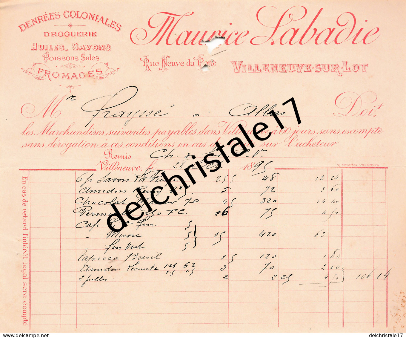 47 0281 VILLENEUVE SUT LOT 1895 Droguerie Denrées Coloniales Maurice LABADIE Rue Neuve Neuve Du Pont à FRAYSSE - 1800 – 1899