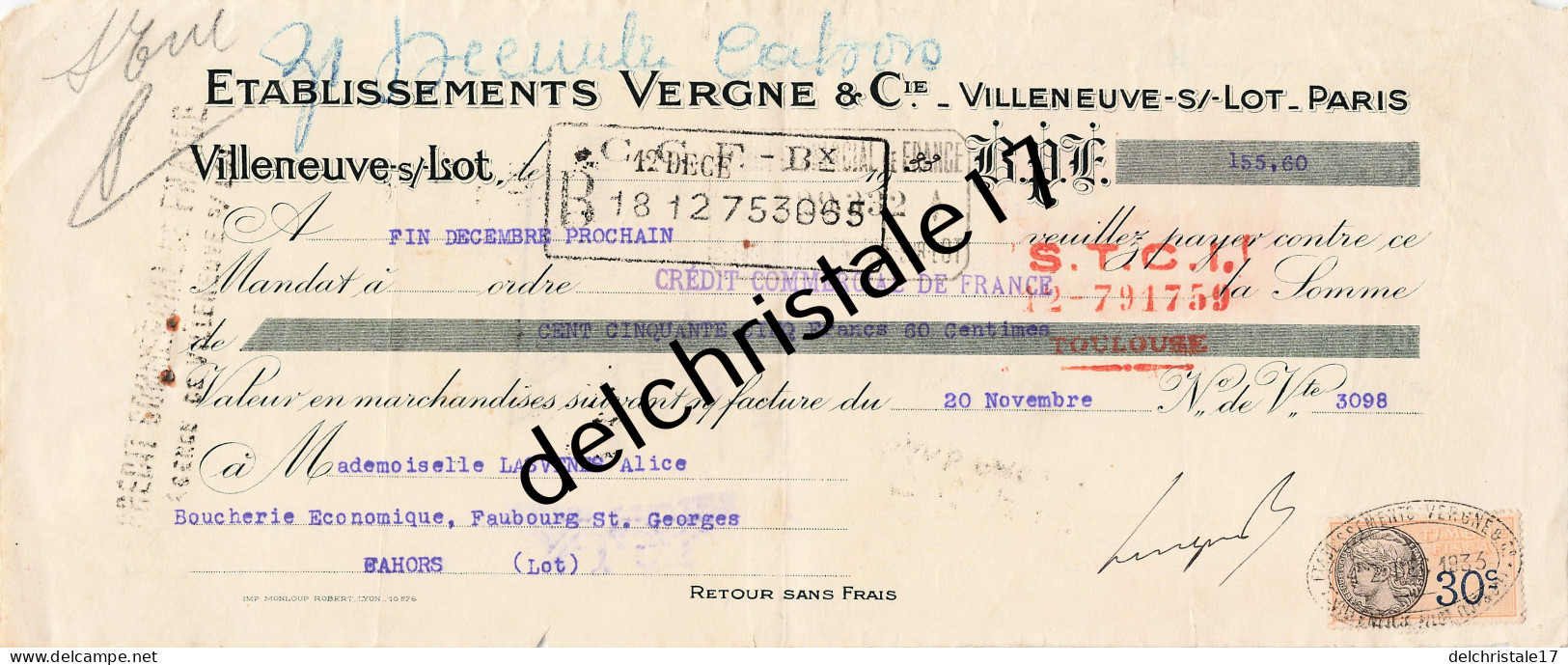 47 0284 VILLENEUVE SUT LOT 1933 Entête Éts VERGNE & Cie à Mlle LASVENES Boucherie - Bills Of Exchange