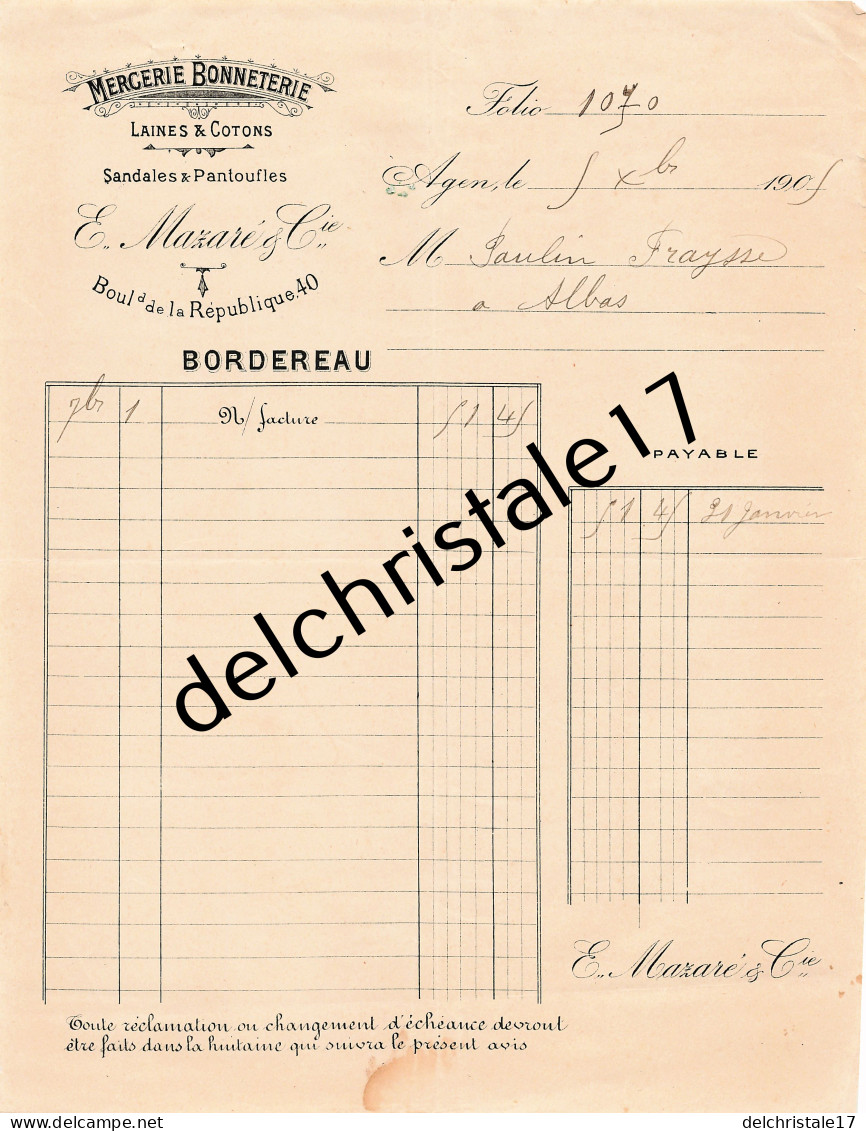 47 0272 AGEN LOT & GARONNE 1905 Mercerie Bonneterie E. MAZARÉ & Cie Sandales Pantoufles Bd De La République à FRAYSSE - 1900 – 1949