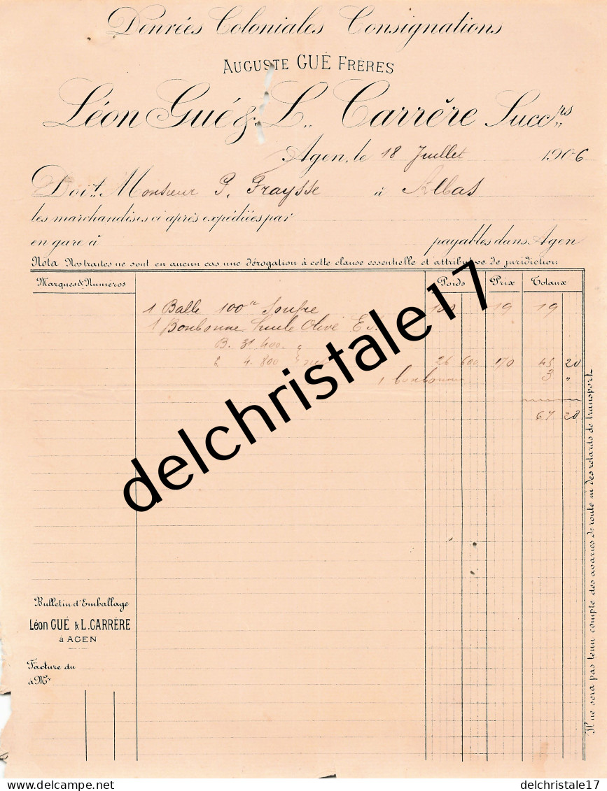 47 0268 AGEN LOT & GARONNE 1905 Denrées Coloniales Consignations Léon GUÉ & A. WATTEBLED Succ. à FRAYSSE - Alimentare