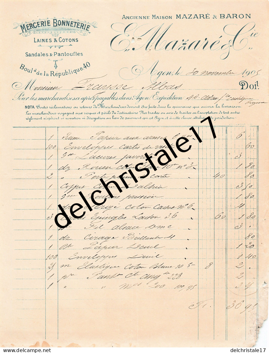47 0275 AGEN LOT & GARONNE 1906 Mercerie Bonneterie E. MAZARÉ & Cie Succ BARON Bd De La République à FRAYSSE - Vestiario & Tessile