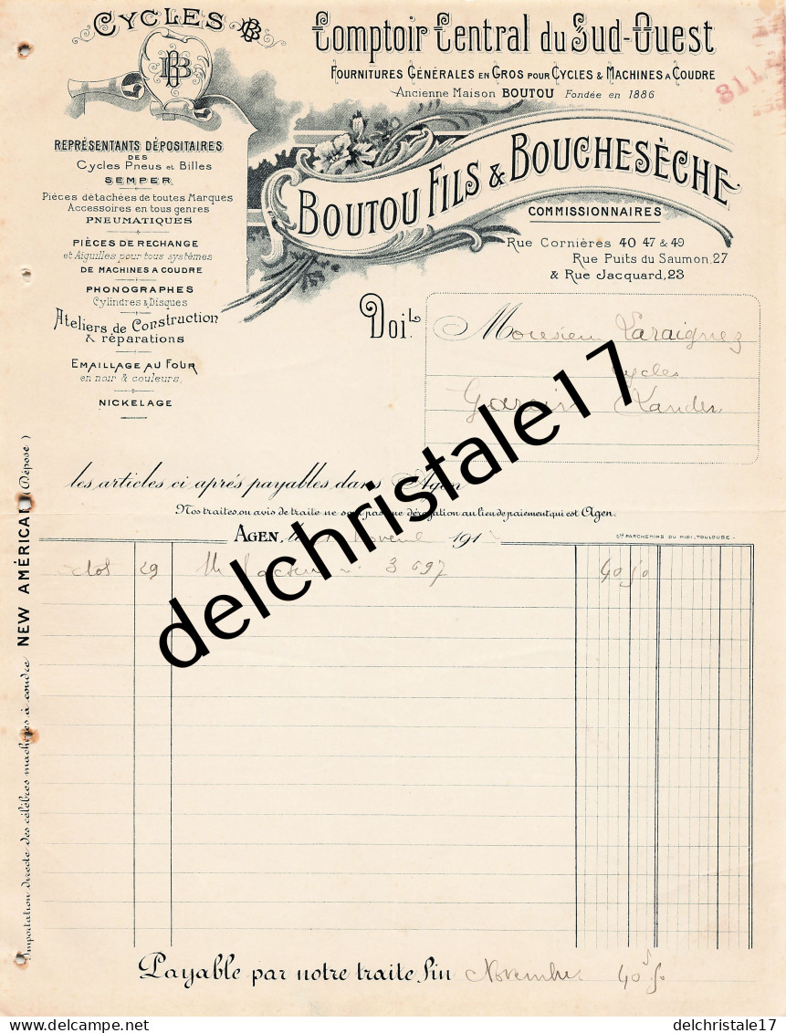 47 0260 AGEN LOT & GARONNE 1912 Représentations Cycles Pneus Billes SEMPER Éts BOUTOU & BOUCHESECHE à LARAIGNEZ - 1900 – 1949