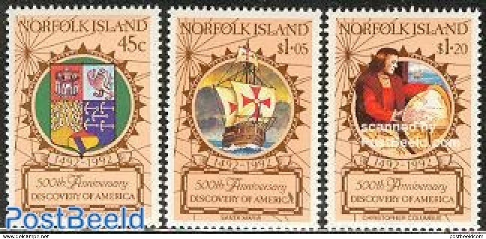 Norfolk Island 1992 Columbus 3v, Mint NH, History - Transport - Coat Of Arms - Explorers - Ships And Boats - Onderzoekers