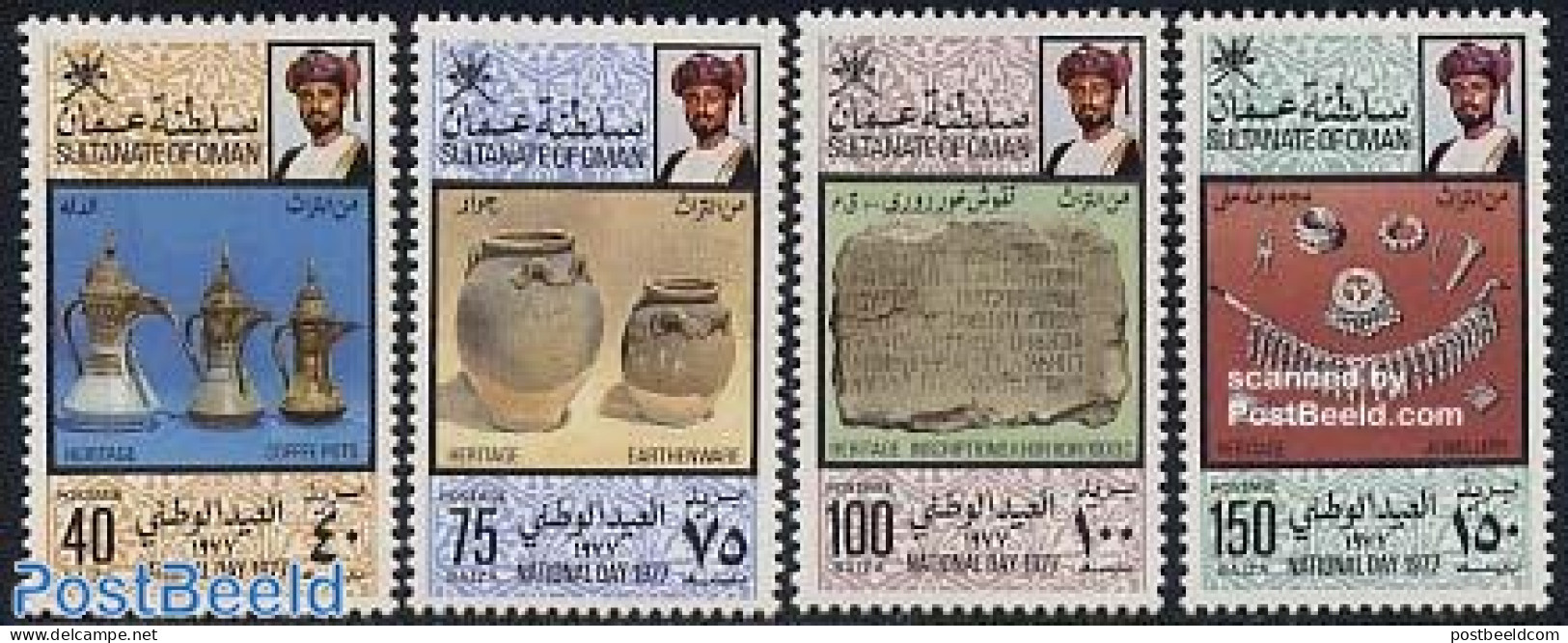 Oman 1977 National Day 4v, Mint NH, History - Archaeology - Art - Art & Antique Objects - Ceramics - Handwriting And A.. - Arqueología