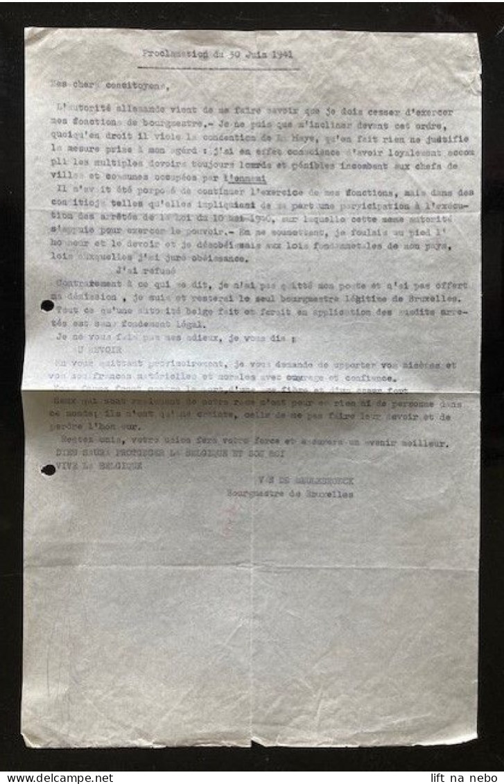 Tract Presse Clandestine Résistance Belge WWII WW2 'Proclamation Du 30 Juin 1941' - Documenti
