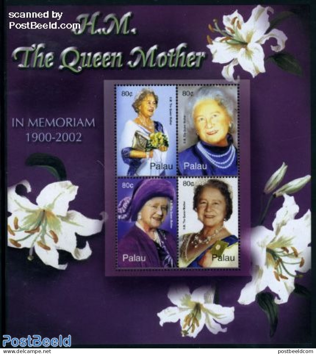 Palau 2002 Death Of Queen Mother 4v M/s, Mint NH, History - Nature - Kings & Queens (Royalty) - Flowers & Plants - Königshäuser, Adel