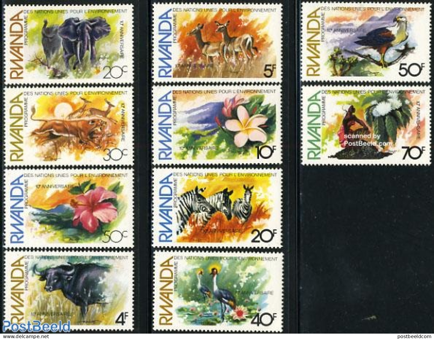 Rwanda 1982 UN Environment Plan 10v, Mint NH, Nature - Animals (others & Mixed) - Birds - Birds Of Prey - Elephants - .. - Environment & Climate Protection