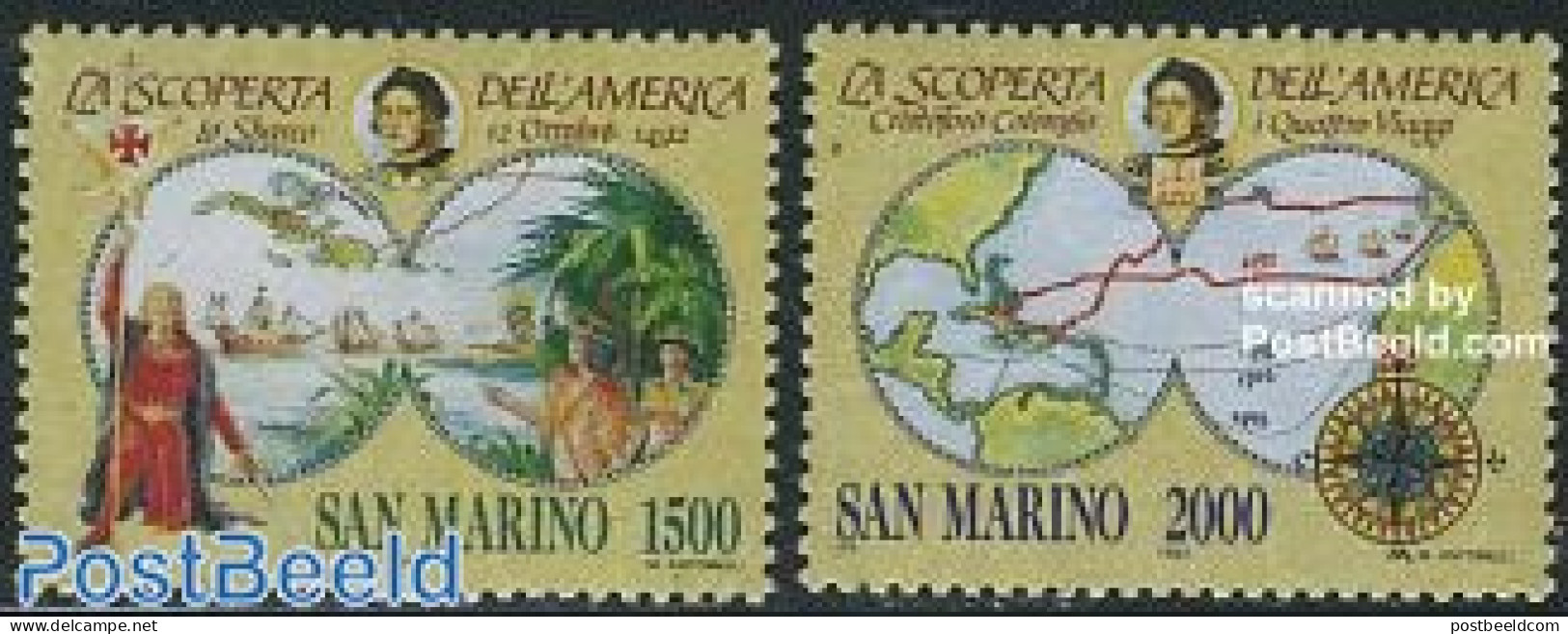 San Marino 1992 Discovery Of America 2v, Mint NH, History - Various - Explorers - Maps - Unused Stamps