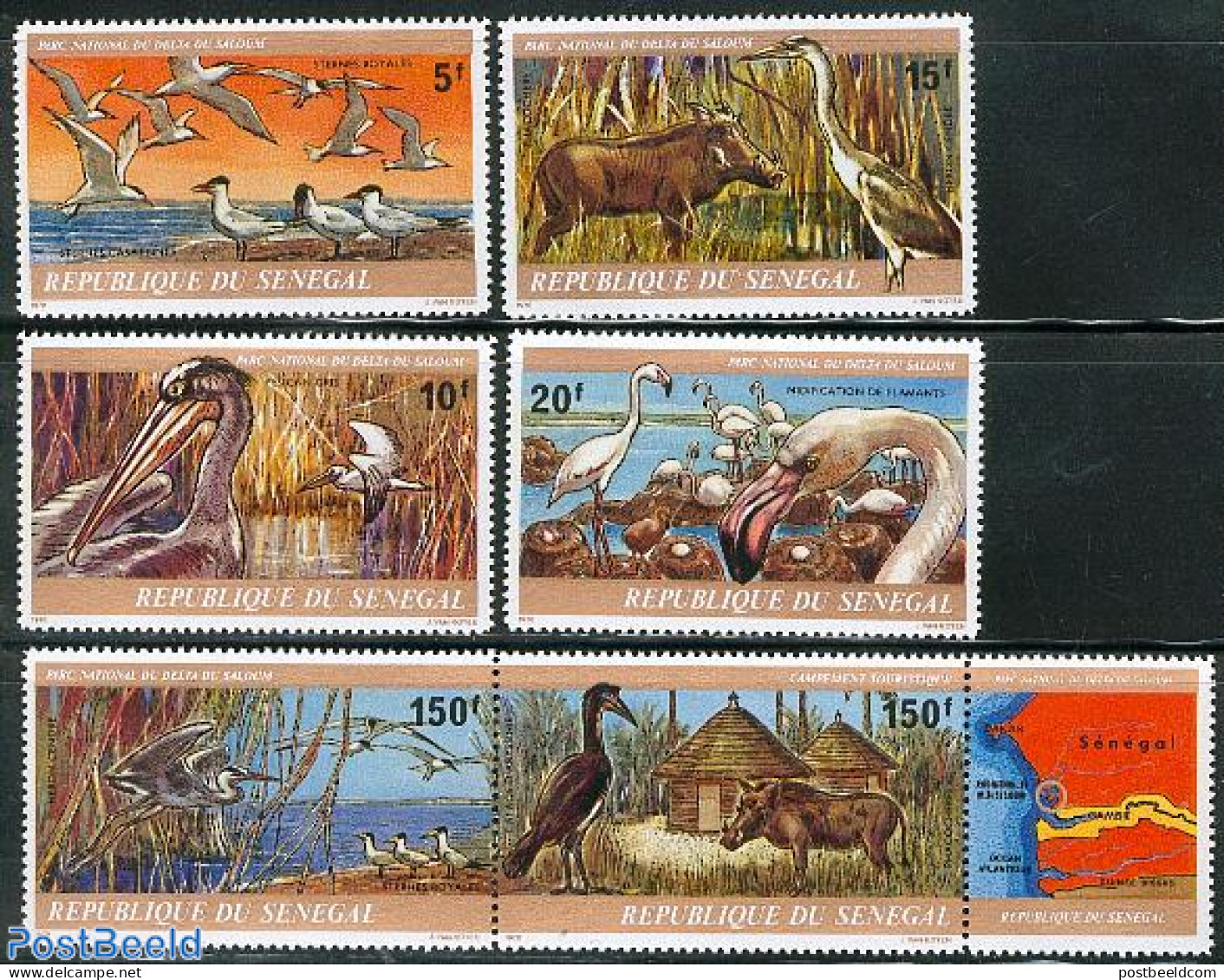 Senegal 1978 Saloum Delta Park 6v, Mint NH, Nature - Animals (others & Mixed) - Birds - Flamingo - Senegal (1960-...)