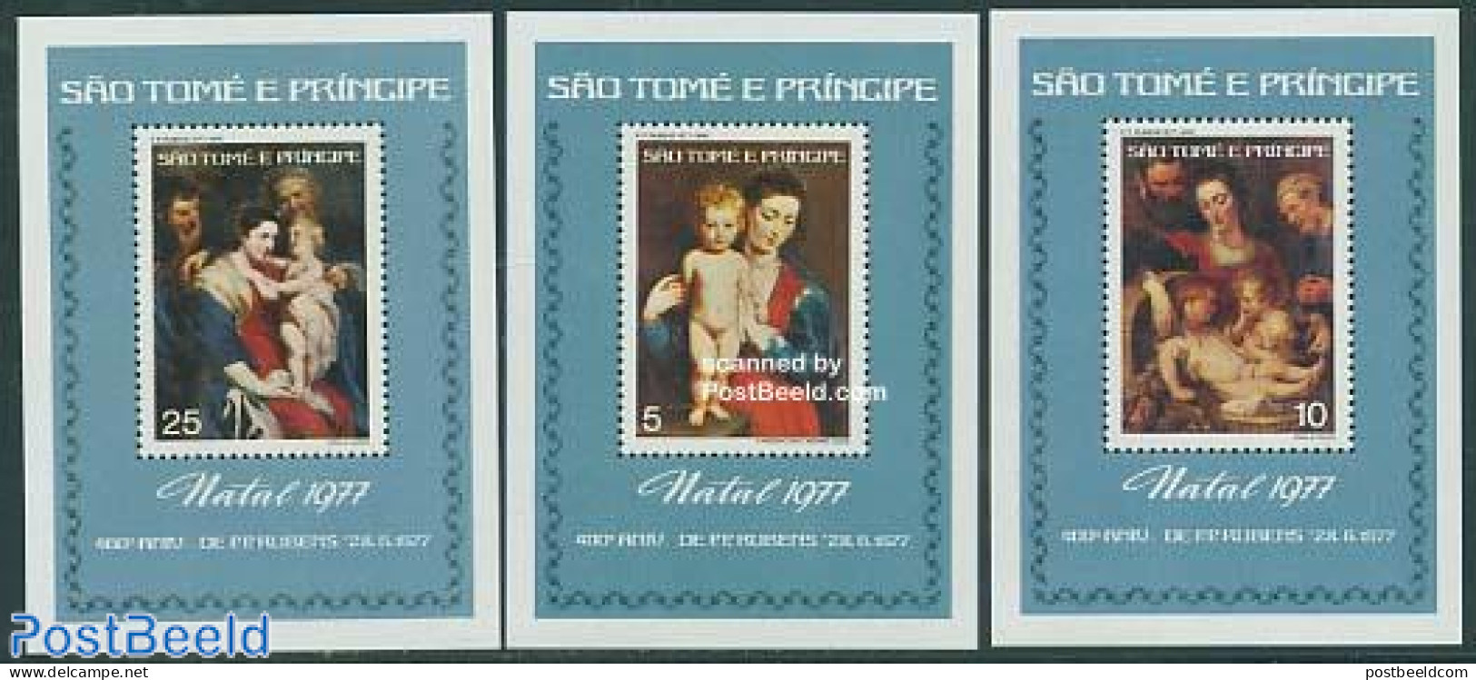 Sao Tome/Principe 1977 Christmas, Rubens 3 S/s, Mint NH, Religion - Christmas - Art - Paintings - Rubens - Christmas