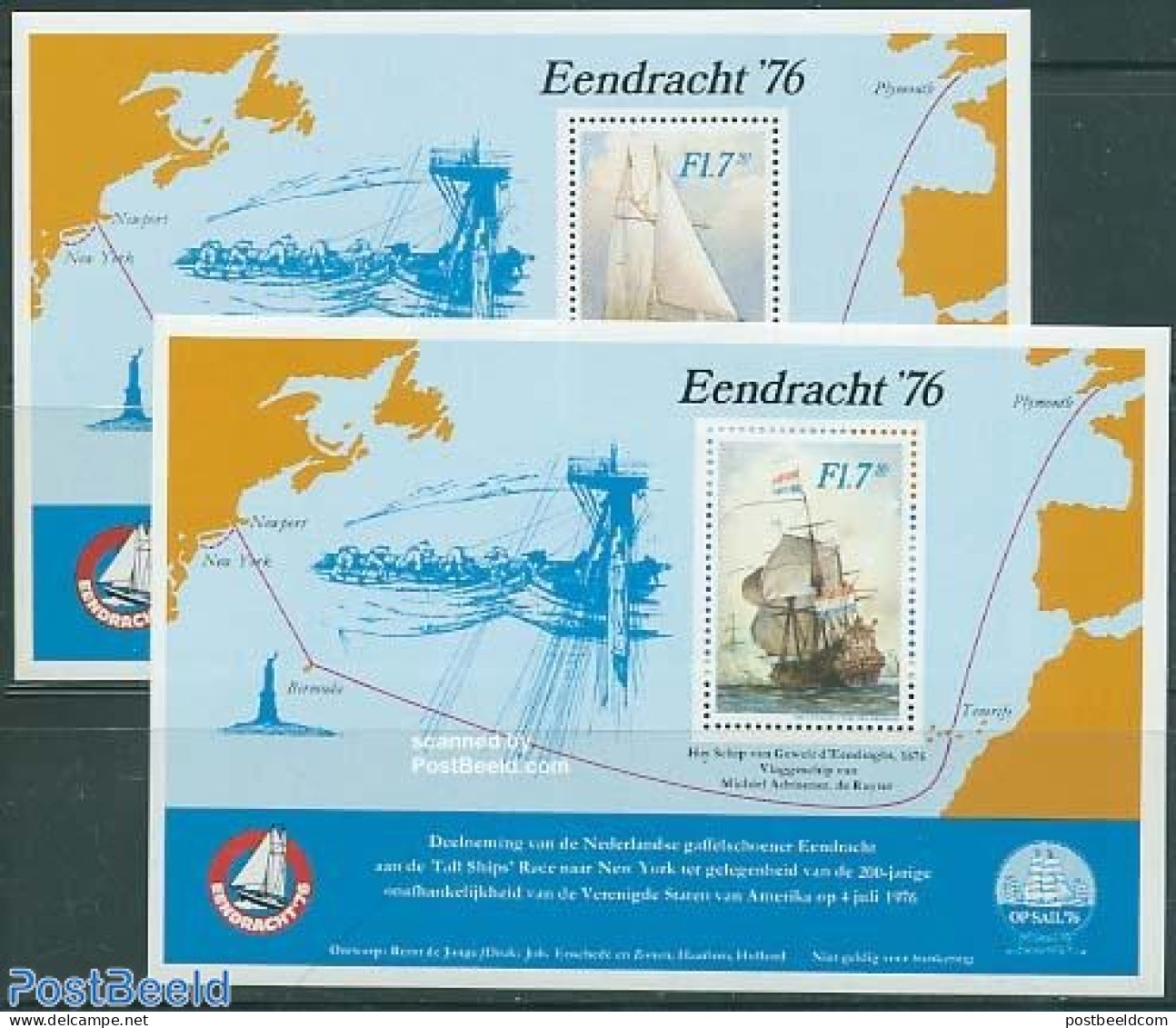 Netherlands, Memorial Stamps 1976 Eendracht 76 2 S/s, Mint NH, Transport - Ships And Boats - Bateaux