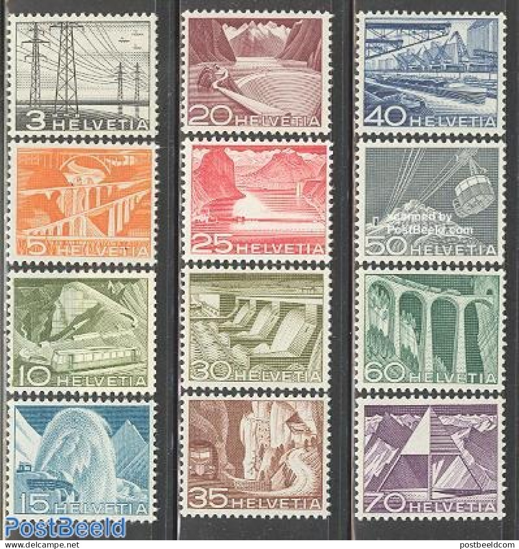 Switzerland 1949 Definitives 12v, Mint NH, Nature - Transport - Water, Dams & Falls - Automobiles - Cableways - Railwa.. - Neufs