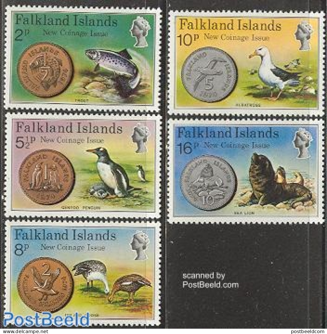 Falkland Islands 1975 New Coins 5v, Mint NH, Nature - Various - Birds - Fish - Penguins - Sea Mammals - Money On Stamps - Fishes