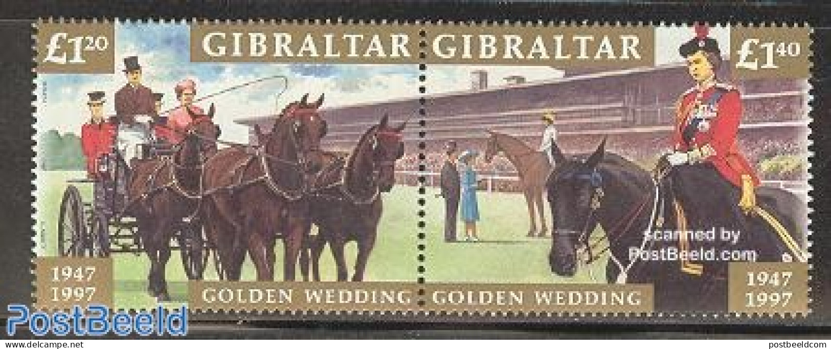 Gibraltar 1997 Golden Wedding 2v [:], Mint NH, History - Nature - Transport - Kings & Queens (Royalty) - Horses - Coac.. - Royalties, Royals