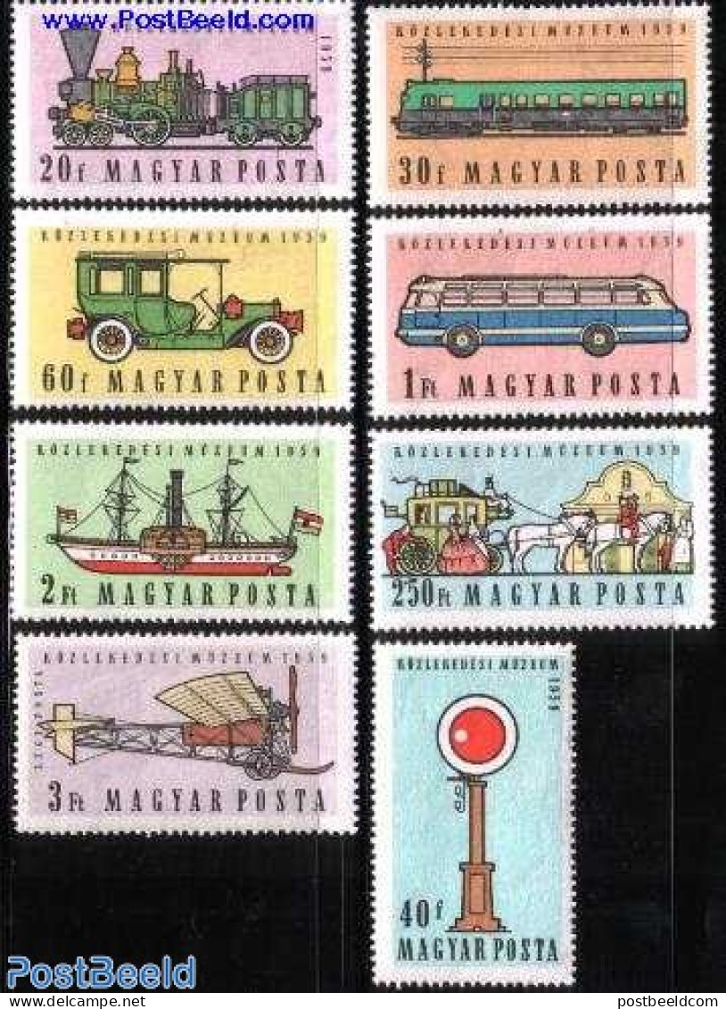 Hungary 1959 Traffic Museum 8v, Mint NH, Nature - Transport - Horses - Automobiles - Coaches - Aircraft & Aviation - R.. - Nuovi