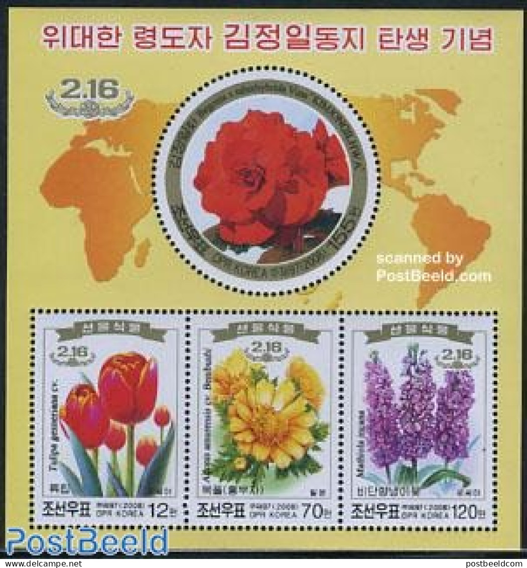 Korea, North 2008 Birthday Of Kim Il Jong II S/s, Flowers, Mint NH, Nature - Various - Flowers & Plants - Round-shaped.. - Corea Del Nord